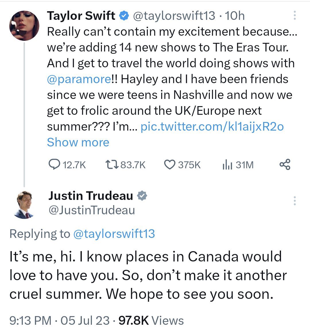 Taylor Swift Responds To Justin Trudeau's Plea, Includes Toronto In Her ...