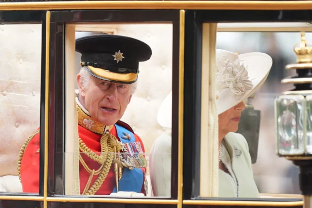 king-charles-queen-camilla-make-entrance-in-a-horse-drawn-carriage-at-trooping-the-colour